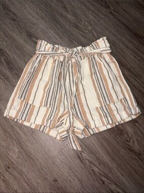 Striped High Waist Shorts - Beige & White